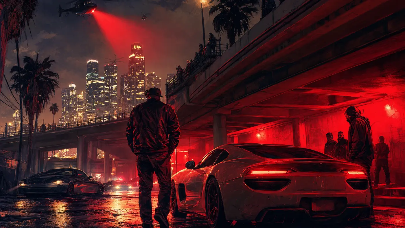Los Santos game screen bathed in a red warning light, a stylized prohibition symbol evoking an online ban, dramatic GTA mood