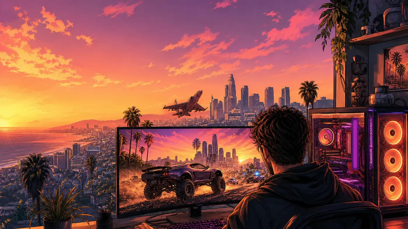 PC gaming setup seen from behind, custom tower and a big screen showing a stylized Los Santos in full modded chaos under a purple and orange sunset, GTA box-art style illustration