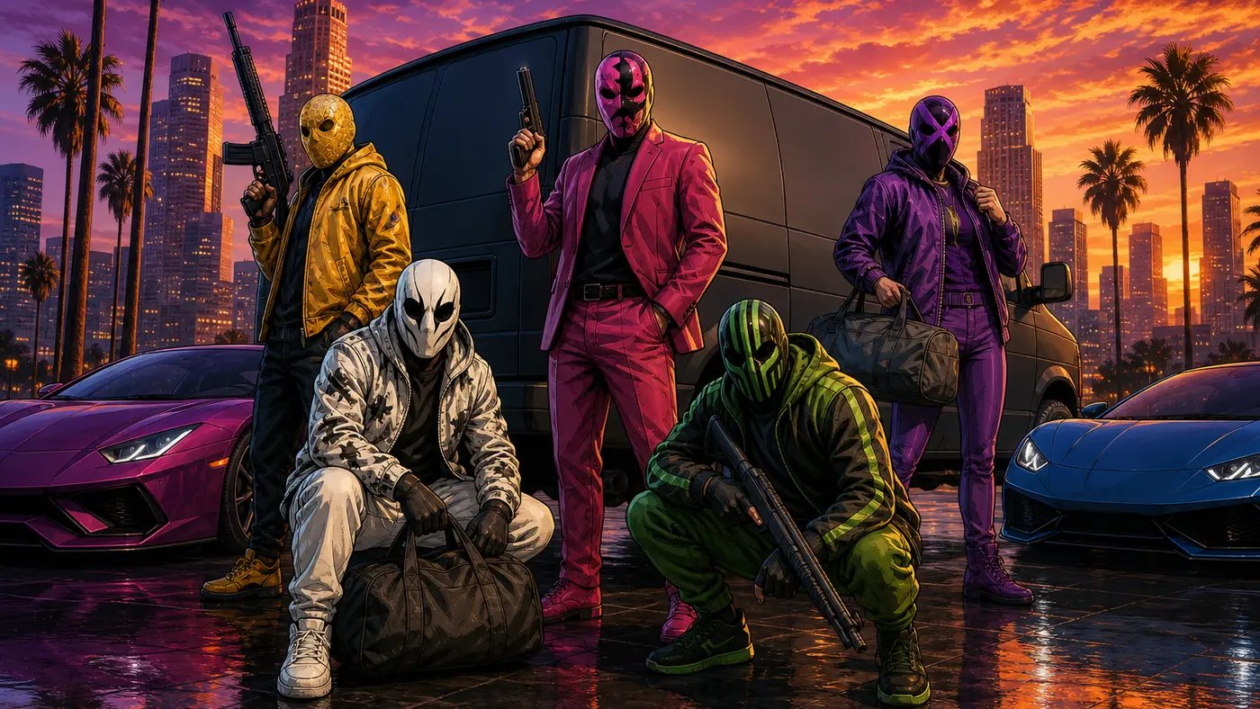 GTA-style illustration: a crew of masked robbers in front of an armored truck and supercars, at sunset over Los Santos