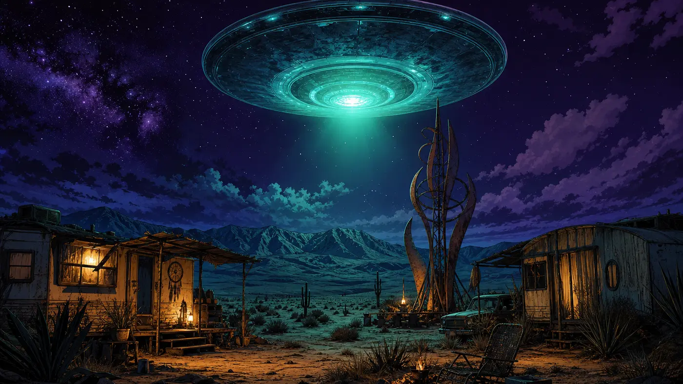 Nighttime illustration of a translucent flying saucer hovering above a desert hippie camp with a metal sculpture, green light cast on the sand, a starry purple sky