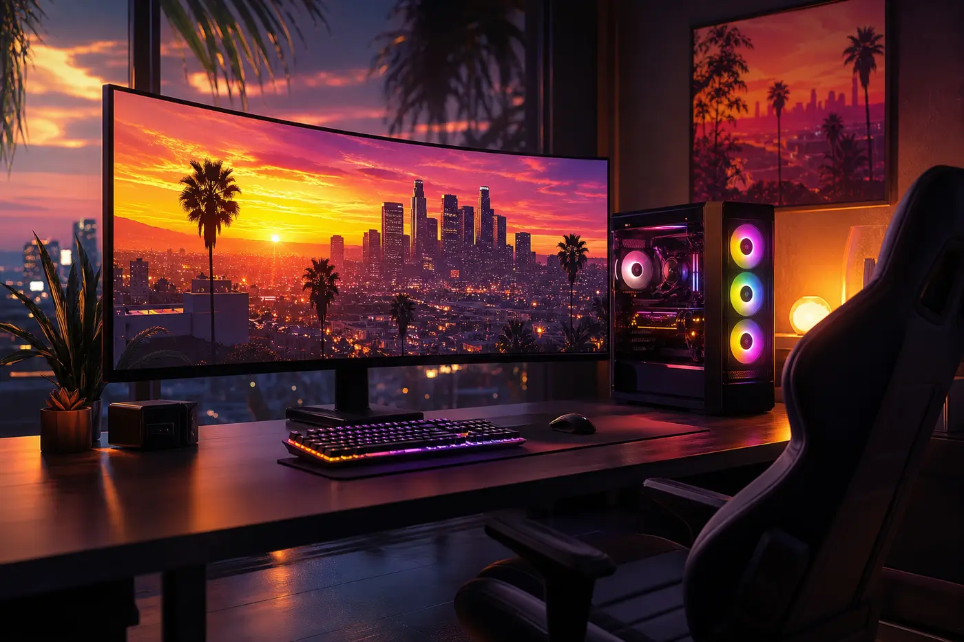 Illustration of a gaming PC setup with an ultrawide monitor showing a photorealistic version of Los Santos at sunset, a backlit keyboard and a tower with colorful fans