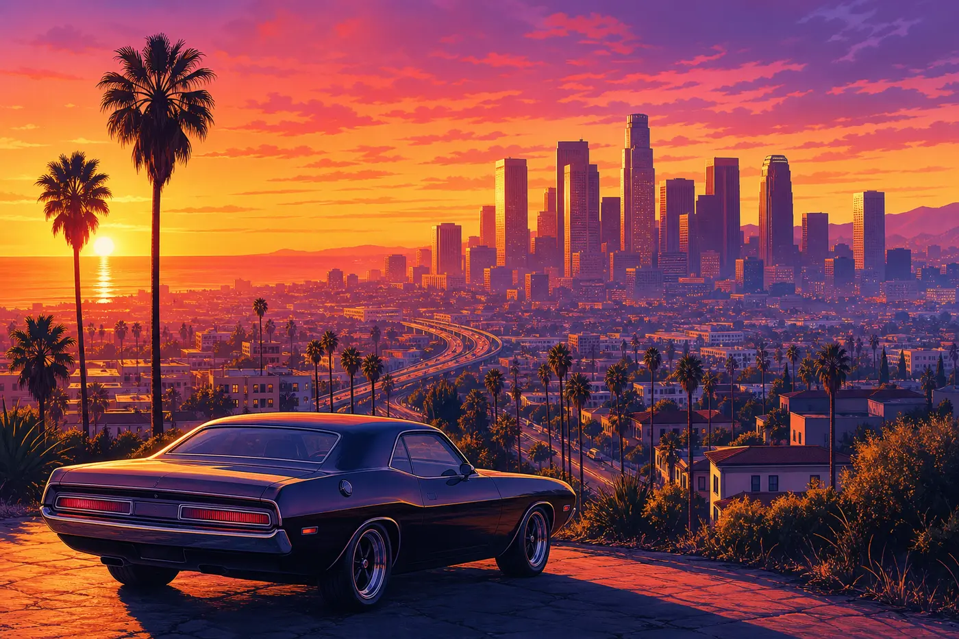 Panoramic view of a Los Santos-style city at sunset, downtown skyscrapers, palm trees, and a muscle car parked on an overlook