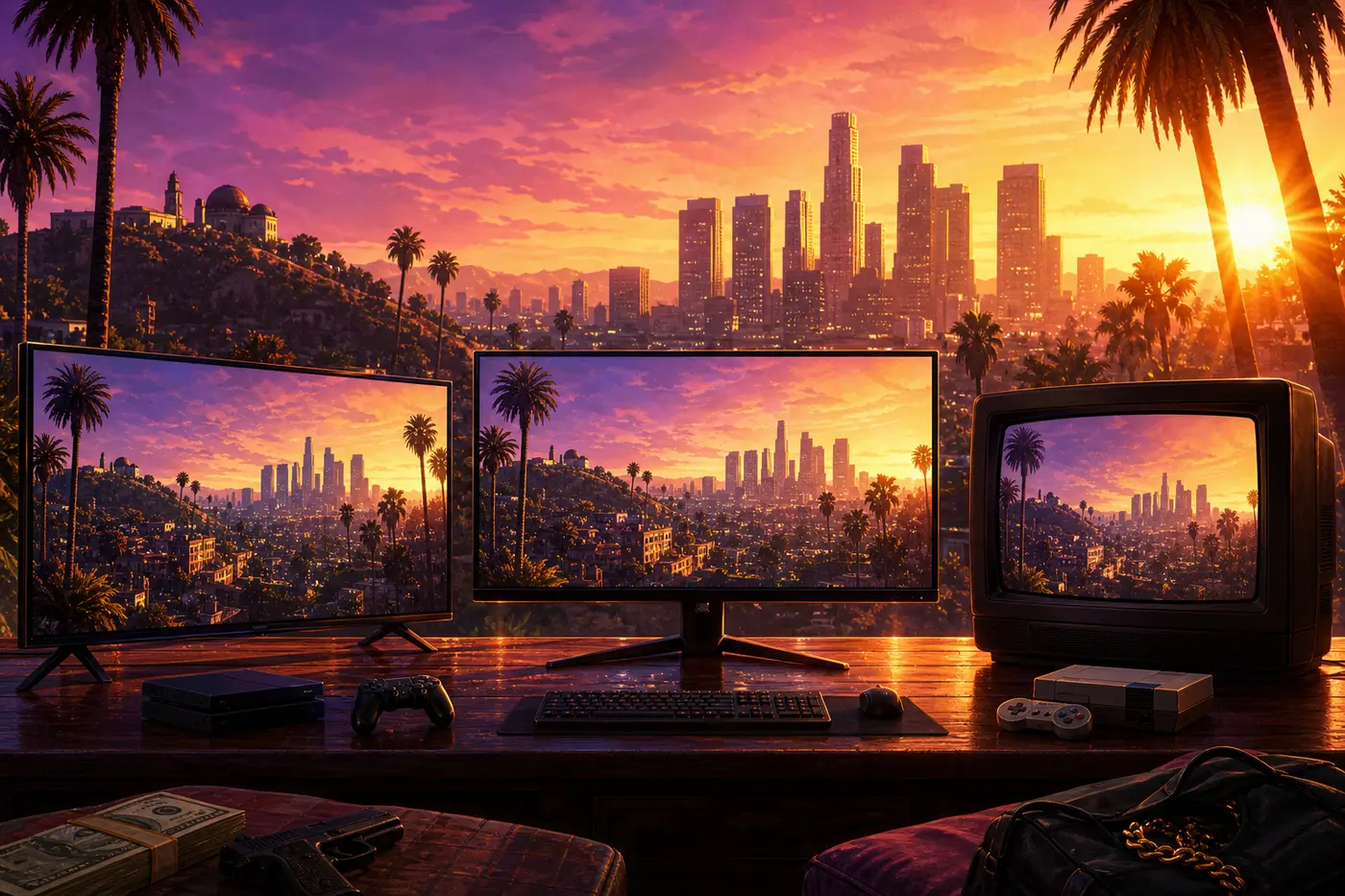 GTA box-art style illustration: the Los Santos skyline under an orange sunset, with three screens lined up in the foreground showing the city, a living-room TV, a gaming PC monitor and an older display, neon Vinewood mood