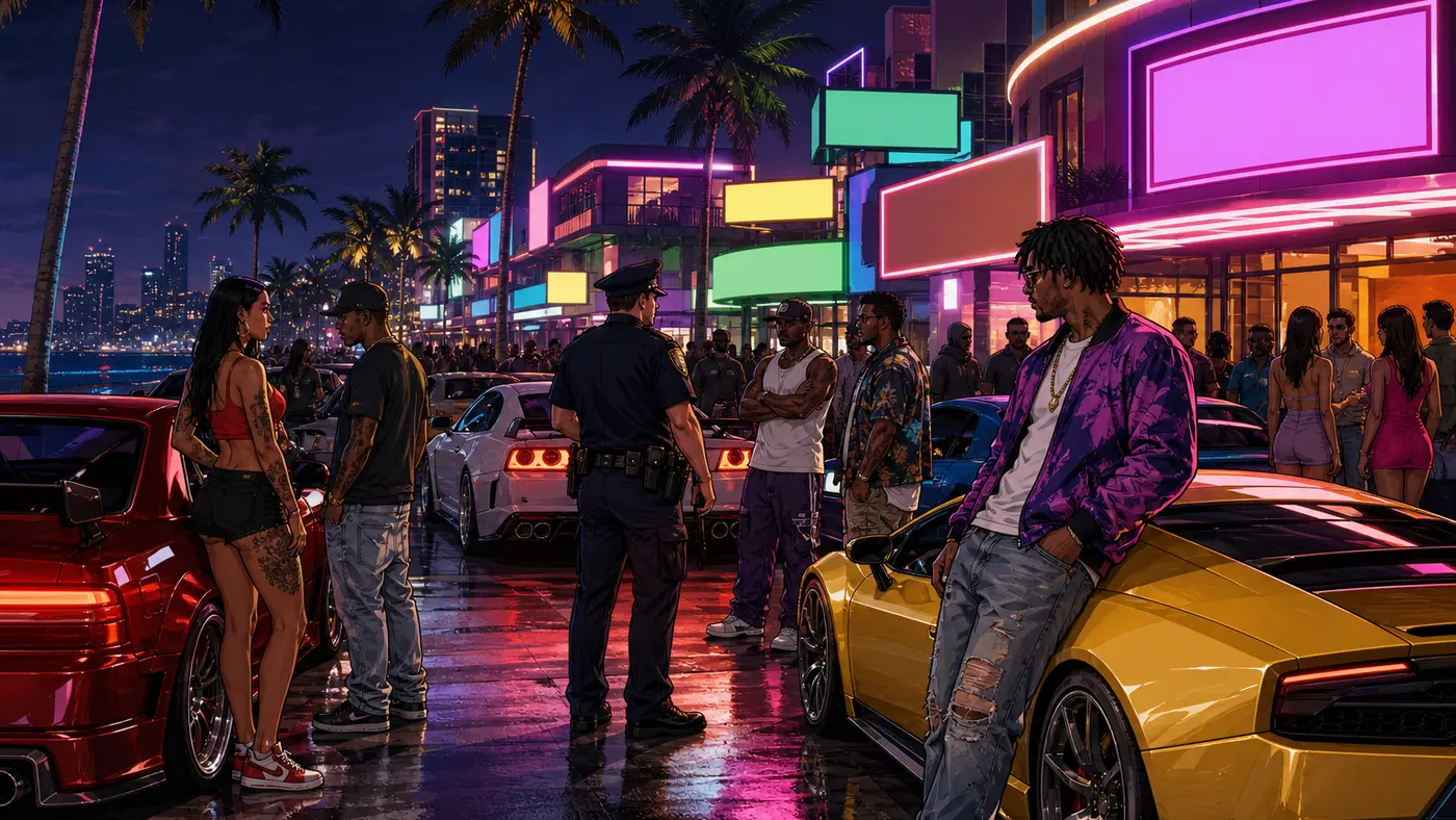 GTA-style illustration: a nighttime street scene in a Los Santos neighborhood, a varied cast of characters and a police officer, neon lights and cars, community roleplay vibe