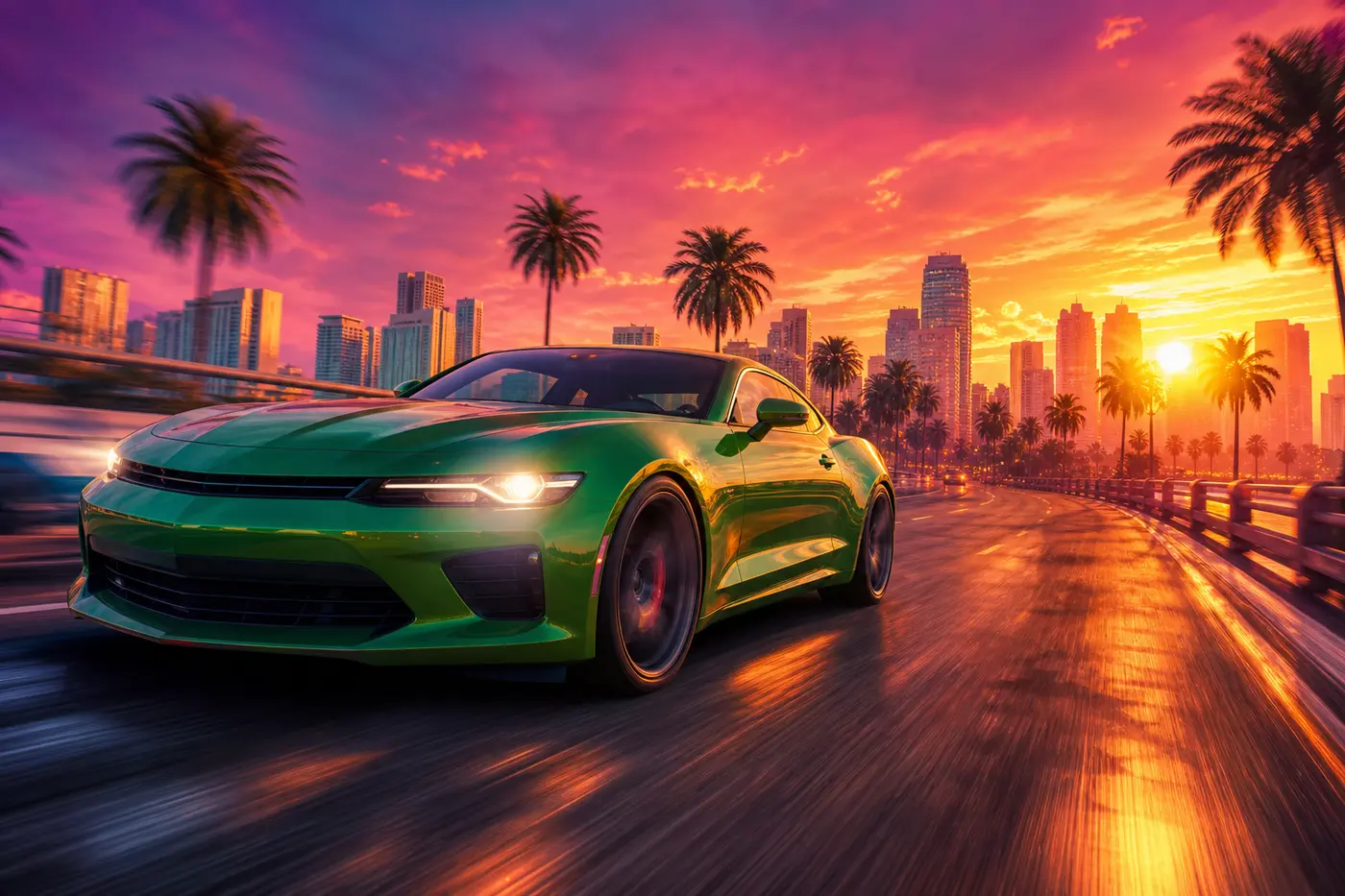 GTA cover-style illustration: a green sports coupe tearing down a Los Santos freeway at sunset, motion blur and palm trees in the background, orange sky