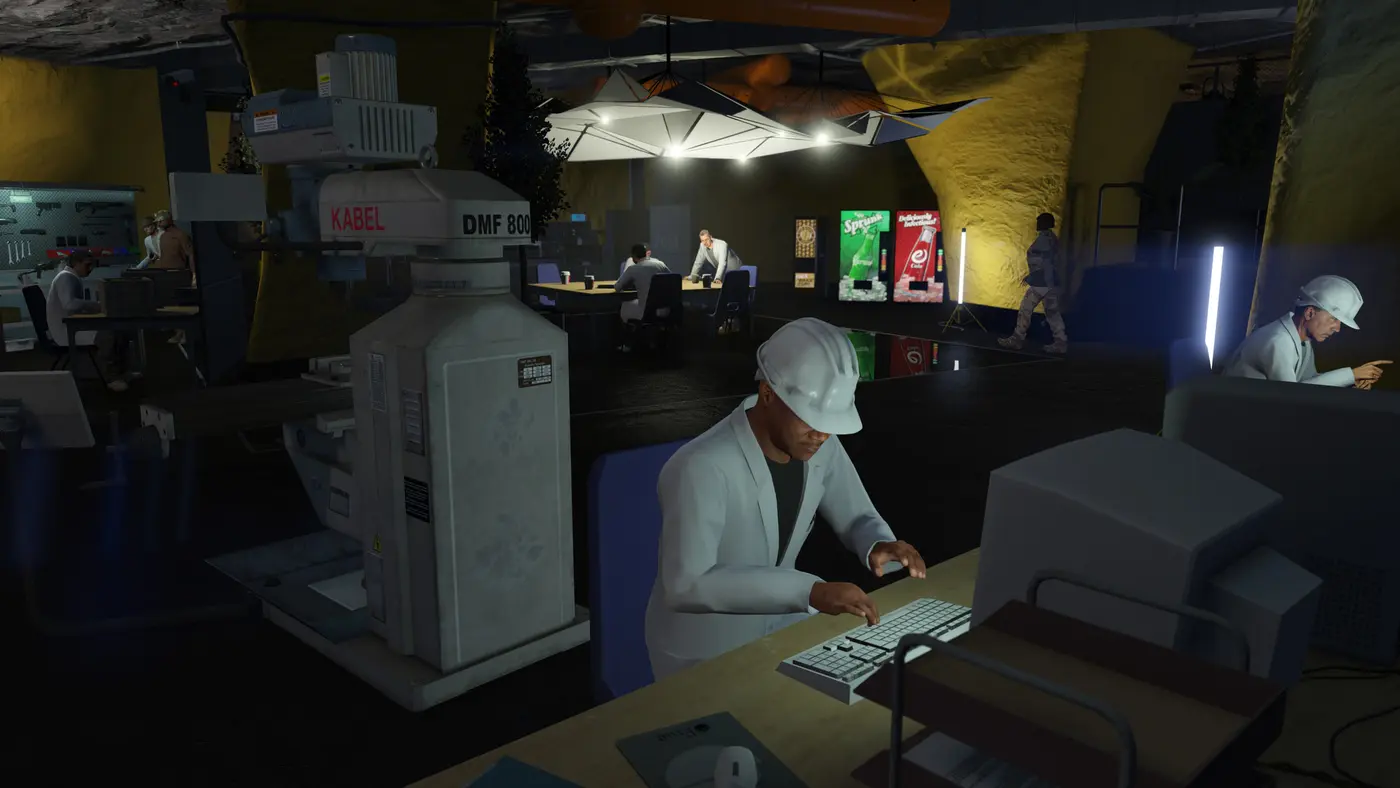 Characters in white lab coats and hard hats working on computers and machines in an underground GTA Online bunker