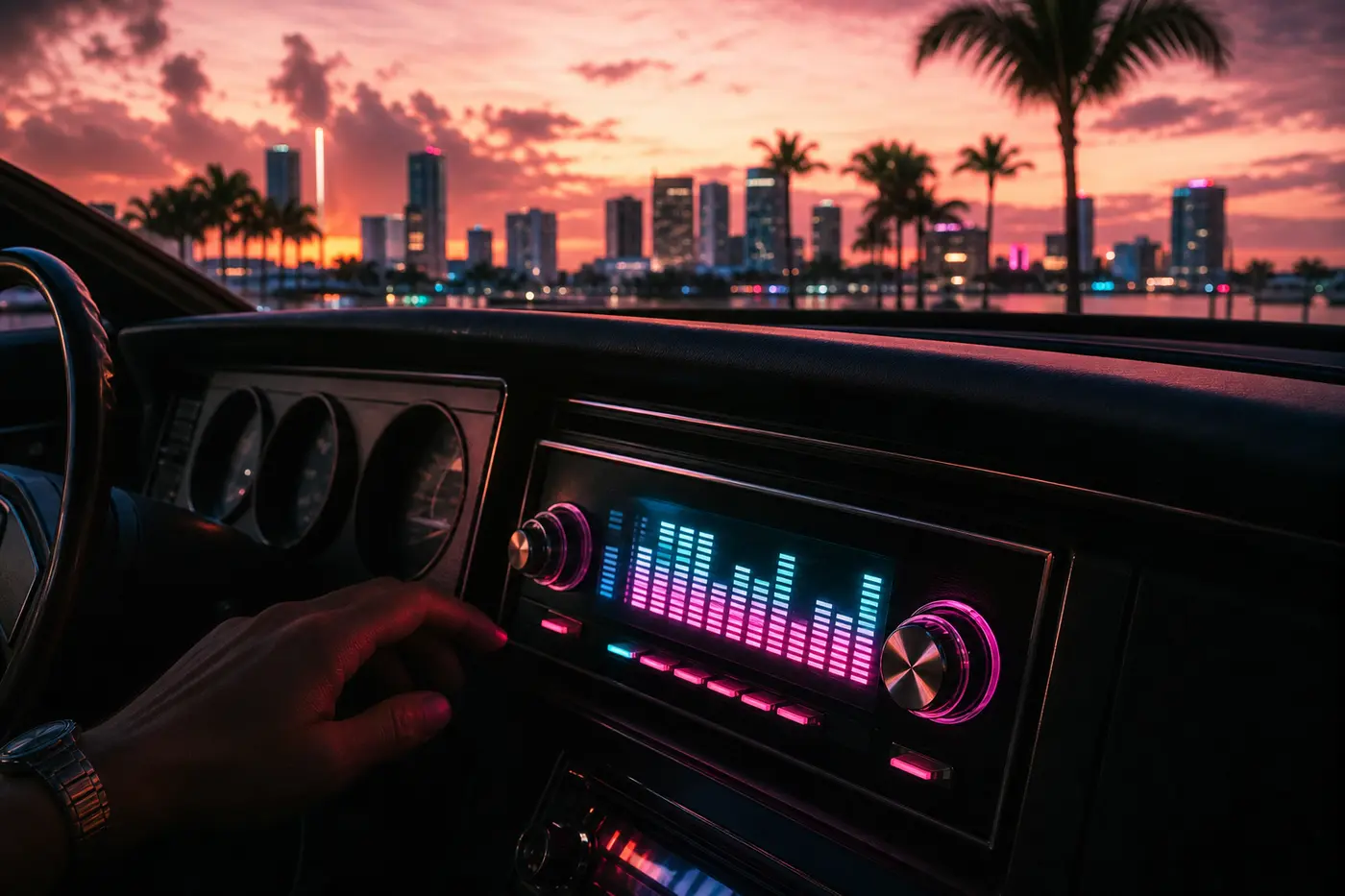 Vintage car radio glowing on a dashboard, Vice City neon lights blurred through the windshield at sunset, GTA VI style