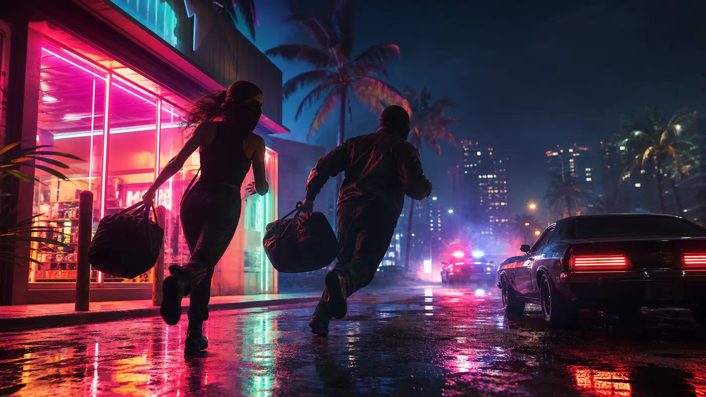 Illustration of two masked, hooded robbers, bags in hand, leaving a neon-lit Vice City storefront at night, red police lights in the distance