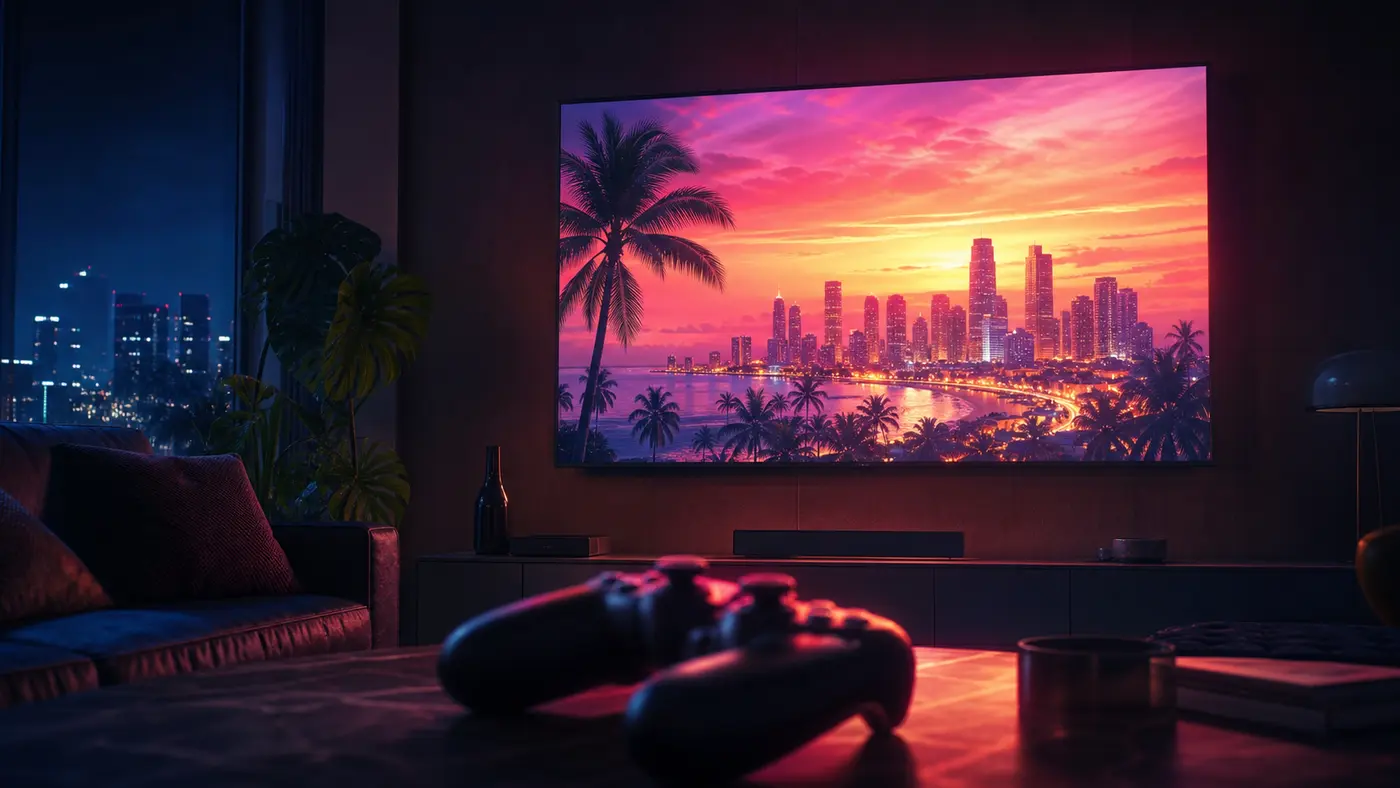 A gamer's living room at night, a big TV glowing with a tropical Vice City skyline at sunset, a modern console controller resting on a coffee table in the foreground, warm pink and orange light, the feel of the night before a huge release