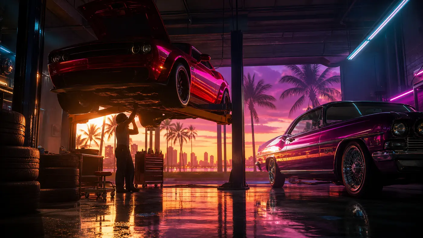 Interior of a Vice City style car customization garage at dusk in GTA 6, a muscle car raised on a hydraulic lift with the hood open, glossy paint reflecting pink and turquoise neon, a lowrider on chrome rims beside it, stacked tires and a tool cart, garage door open onto palm trees and an orange and purple sunset sky