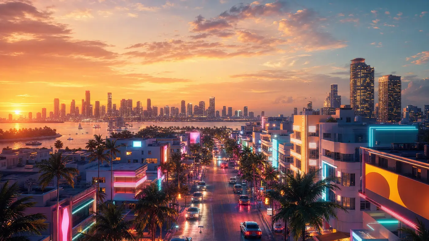 Vice City skyline at neon sunset, dense and polished city on the eve of launch, GTA 6 key-art style