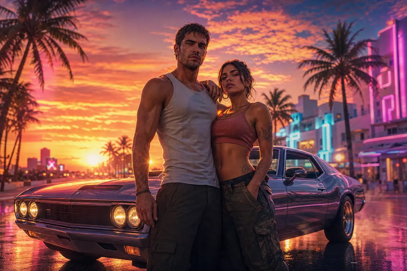A criminal couple at sunset on a palm-lined Vice City boulevard, standing in front of a muscle car, in the neon art style of GTA 6