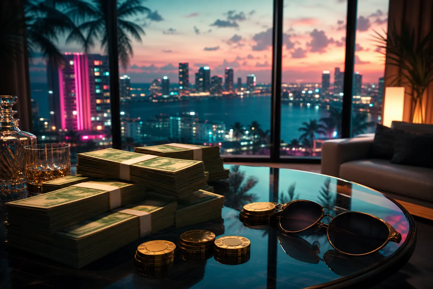 Stacks of bills and gold chips on a glass table against the neon skyline of Vice City at dusk, in GTA VI's art direction