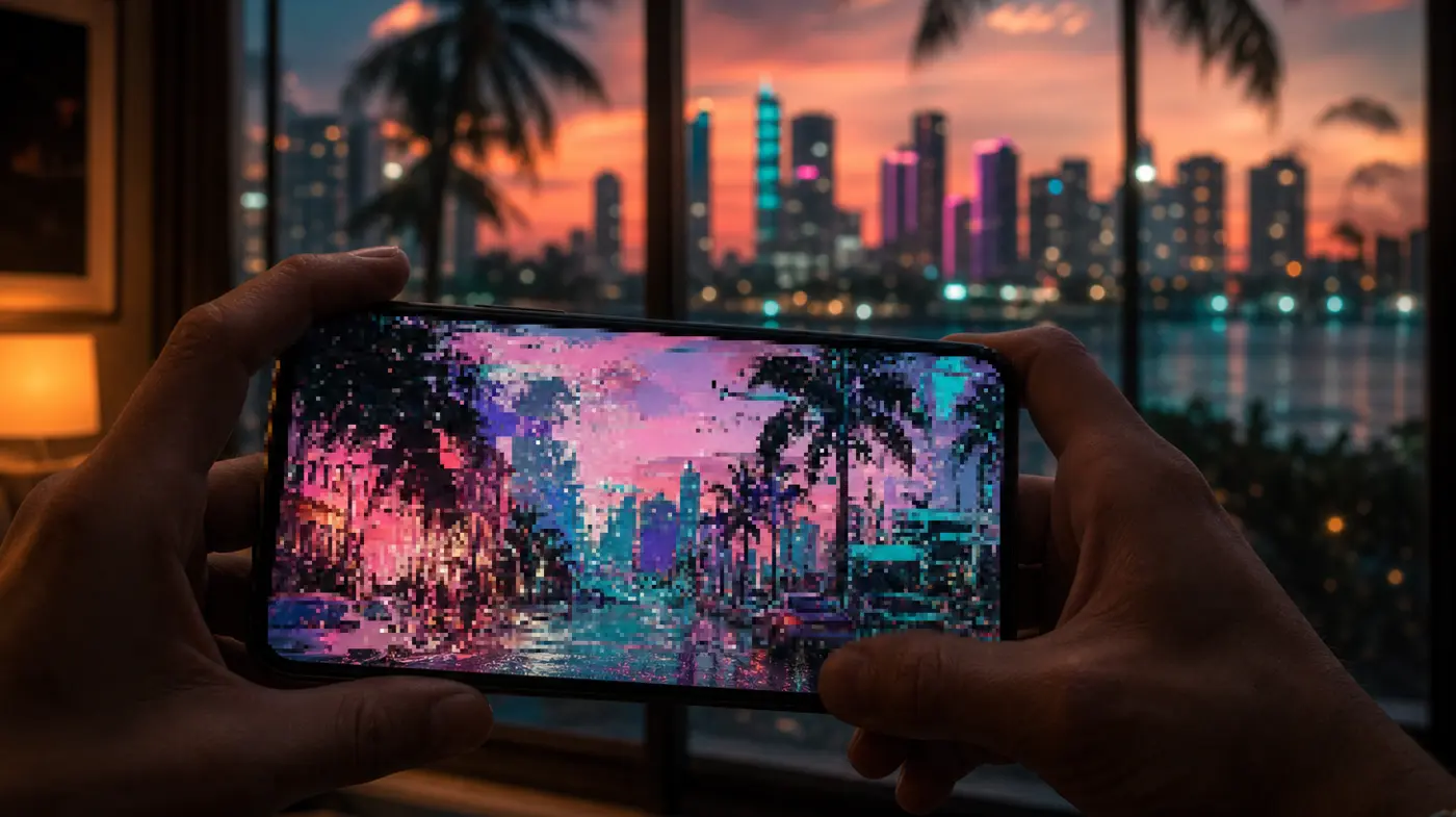 Hands holding a smartphone showing a glitched, corrupted Vice City street scene, neon sunset light in the background, GTA VI style