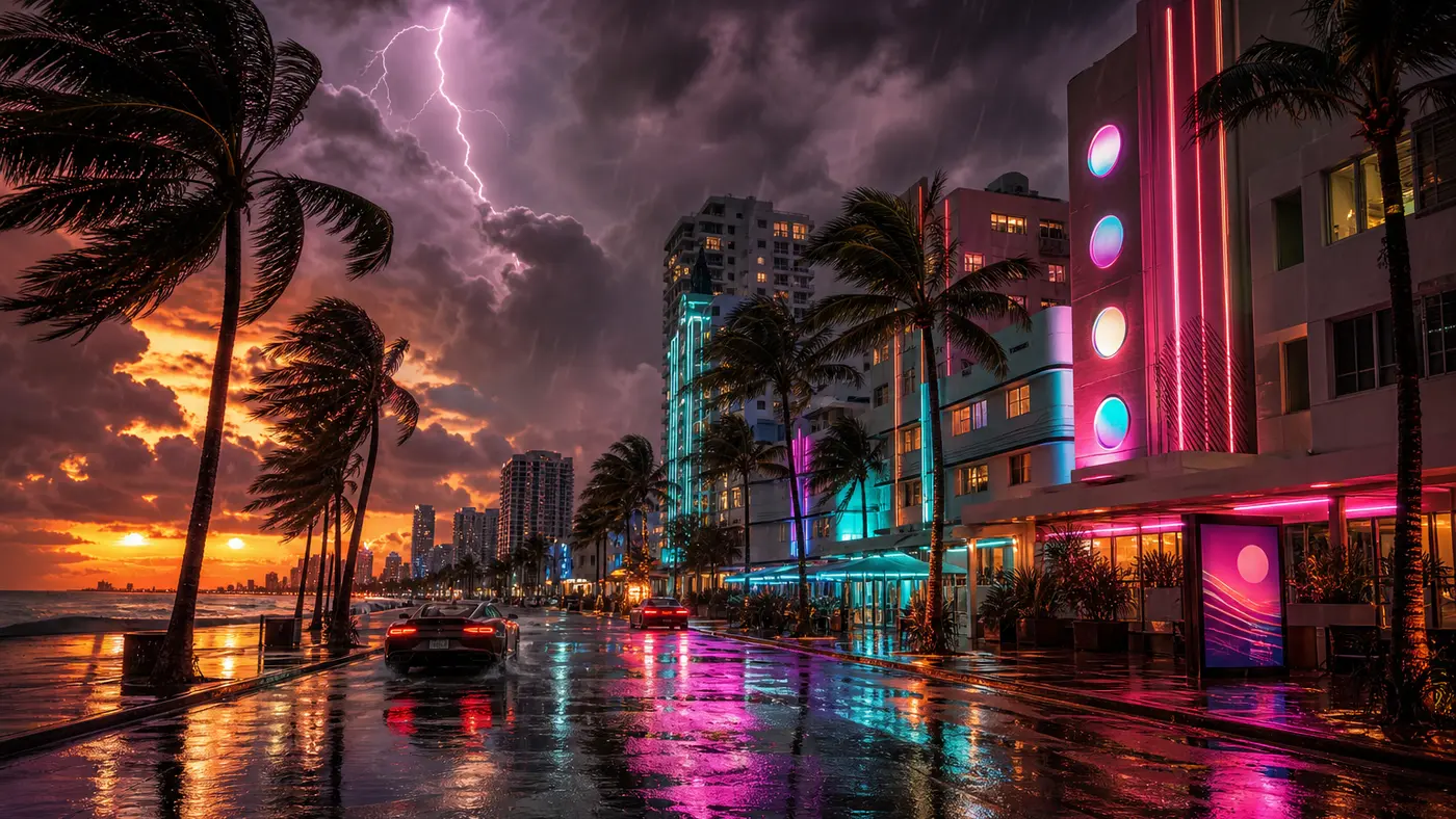 A tropical storm over the Vice City skyline in GTA VI: a purple sky streaked with lightning, palm trees bent by the wind, and neon reflected on a rain-soaked avenue at dusk