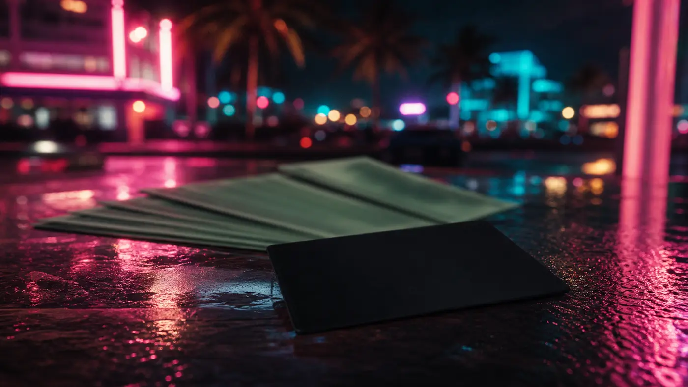 A fan of green bills and a matte black card laid on a wet, reflective floor, bathed in pink and turquoise Vice City neon at night, in the style of GTA VI key art