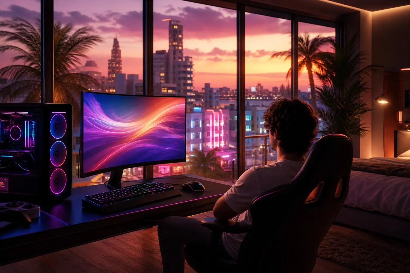 Gaming PC setup facing a glass wall overlooking Vice City at neon sunset, GTA VI style