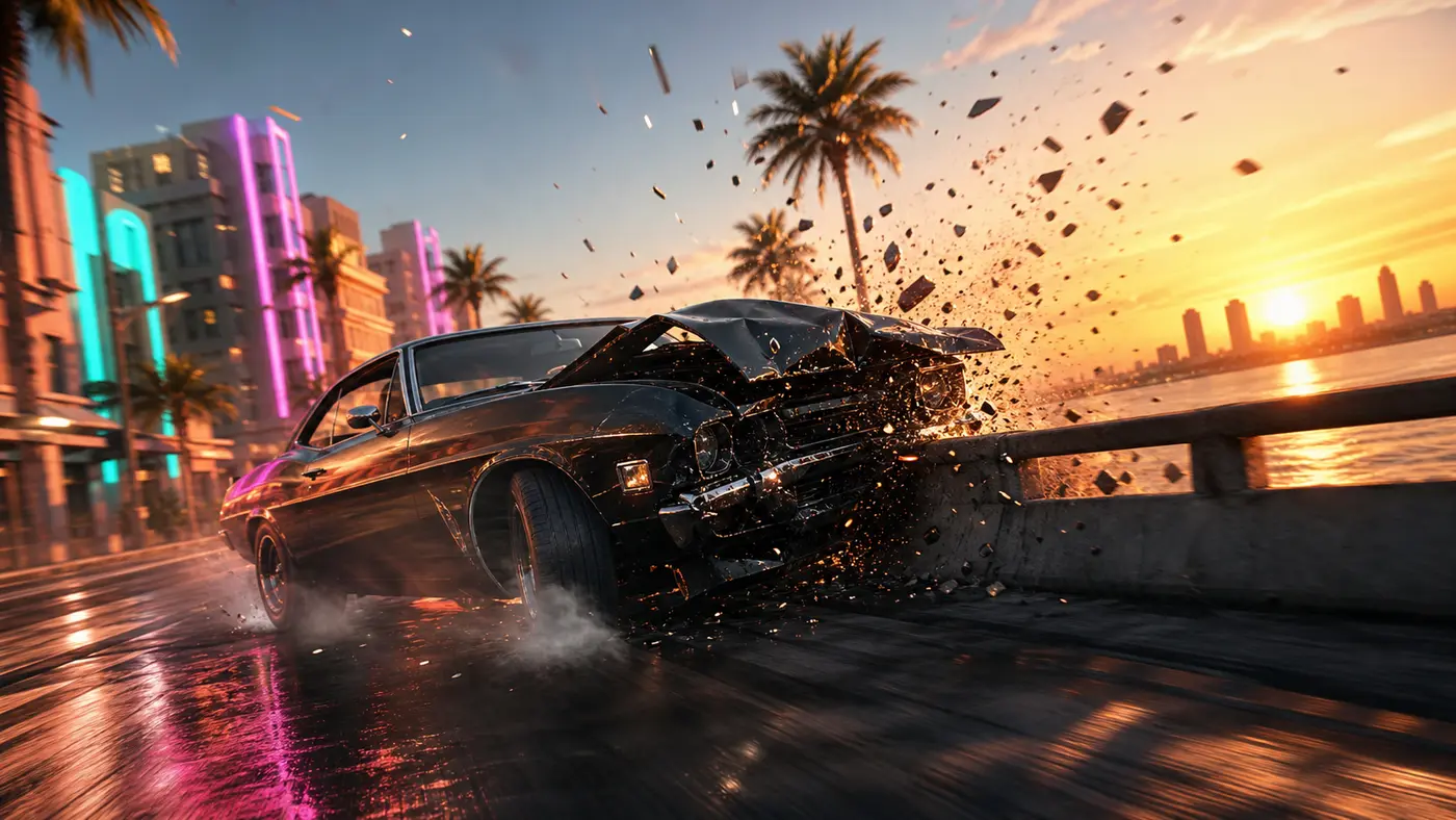 Muscle car mid-collision on a coastal Vice City street at sunset, crumpled hood, flying glass and scattered debris, in the style of GTA VI
