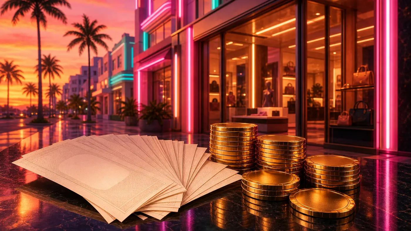 A fan of banknotes and stacks of gold chips on a lacquered counter, in front of a neon-lit storefront with Vice City palm trees at sunset, in the GTA VI art style