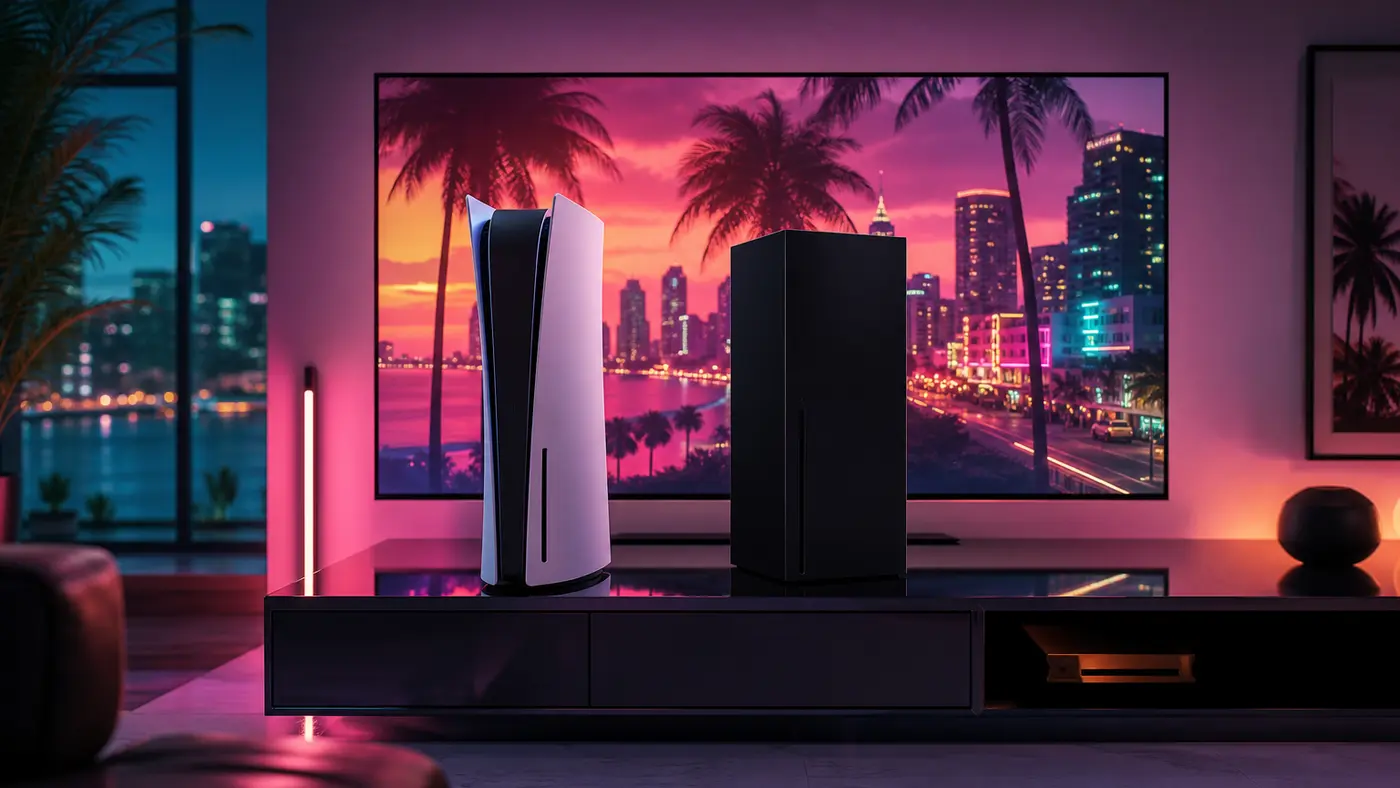 Two next-gen living-room consoles sitting side by side in front of a TV showing a neon Vice City skyline at sunset, pink and orange glow, palm trees in silhouette