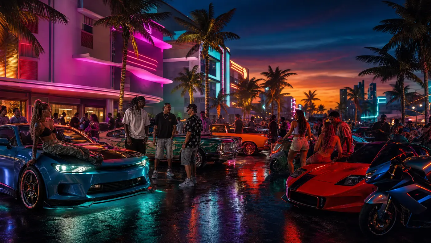 A Vice City street at night in GTA 6: a diverse crowd gathered around customized cars under pink and blue neon, with an online-community vibe