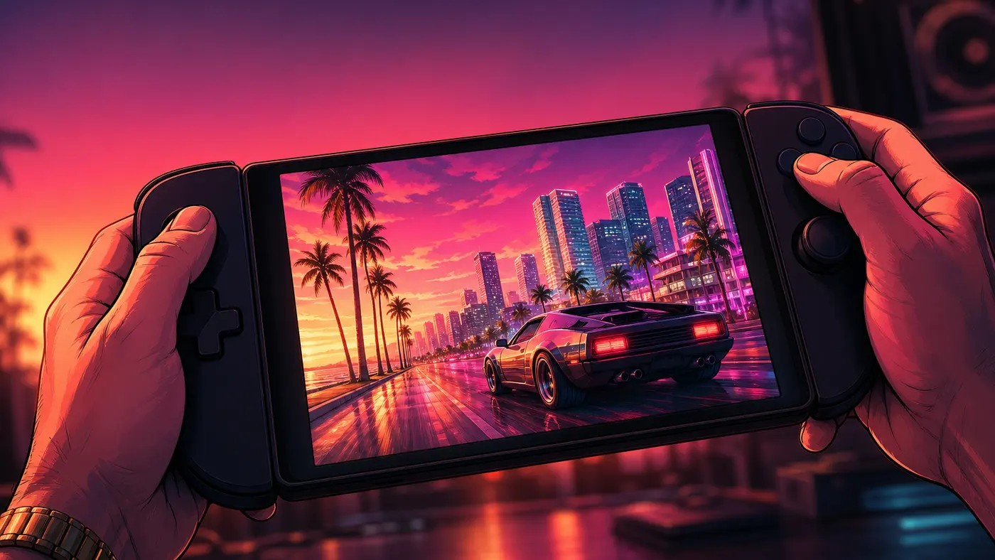Two hands hold a wide handheld console with side-mounted controllers, its screen showing a GTA 6 scene: a neon Vice City skyline at sunset with palm trees, a pink and orange sky, and a sports car on a coastal boulevard