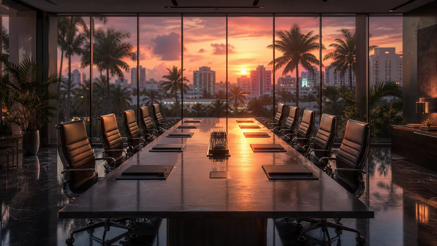 Glass-walled meeting room in a video game studio at dusk, a long negotiating table lined with empty chairs facing each other, a picture window looking out on a tropical Vice City skyline under a pink and orange sky