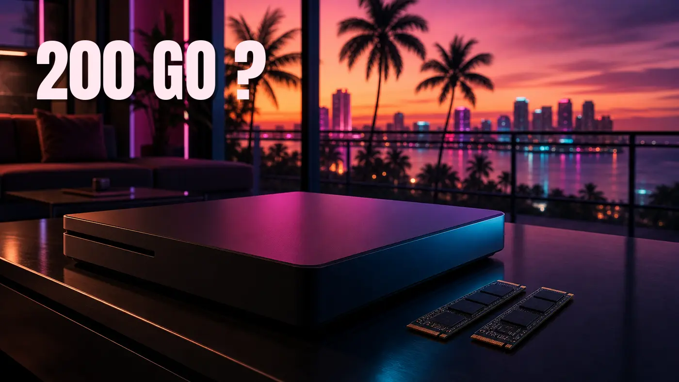 Black game console lying flat on a dark cabinet, two M.2 SSDs beside it, bay window open onto a tropical skyline at sunset with palm trees and neon lights, a 200GB label with a question mark