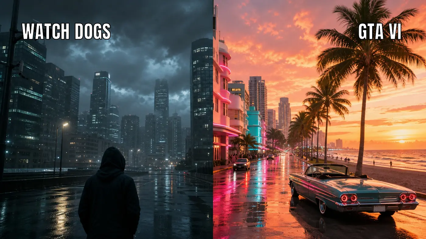 Split image with two moods: on the left, a gray, rainy North American metropolis with surveillance screens and cold skyscrapers evoking Watch Dogs; on the right, a Vice City waterfront at sunset with palm trees and warm pastel neon in the style of GTA VI