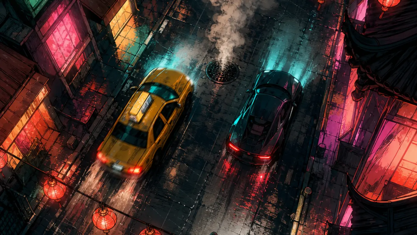 Top-down nighttime view of a Chinatown street in the rain, drawn in a black-outlined comic-book style: a yellow cab and a dark sports car roll over wet asphalt reflecting pink and turquoise neon, with red lanterns hanging over the roadway