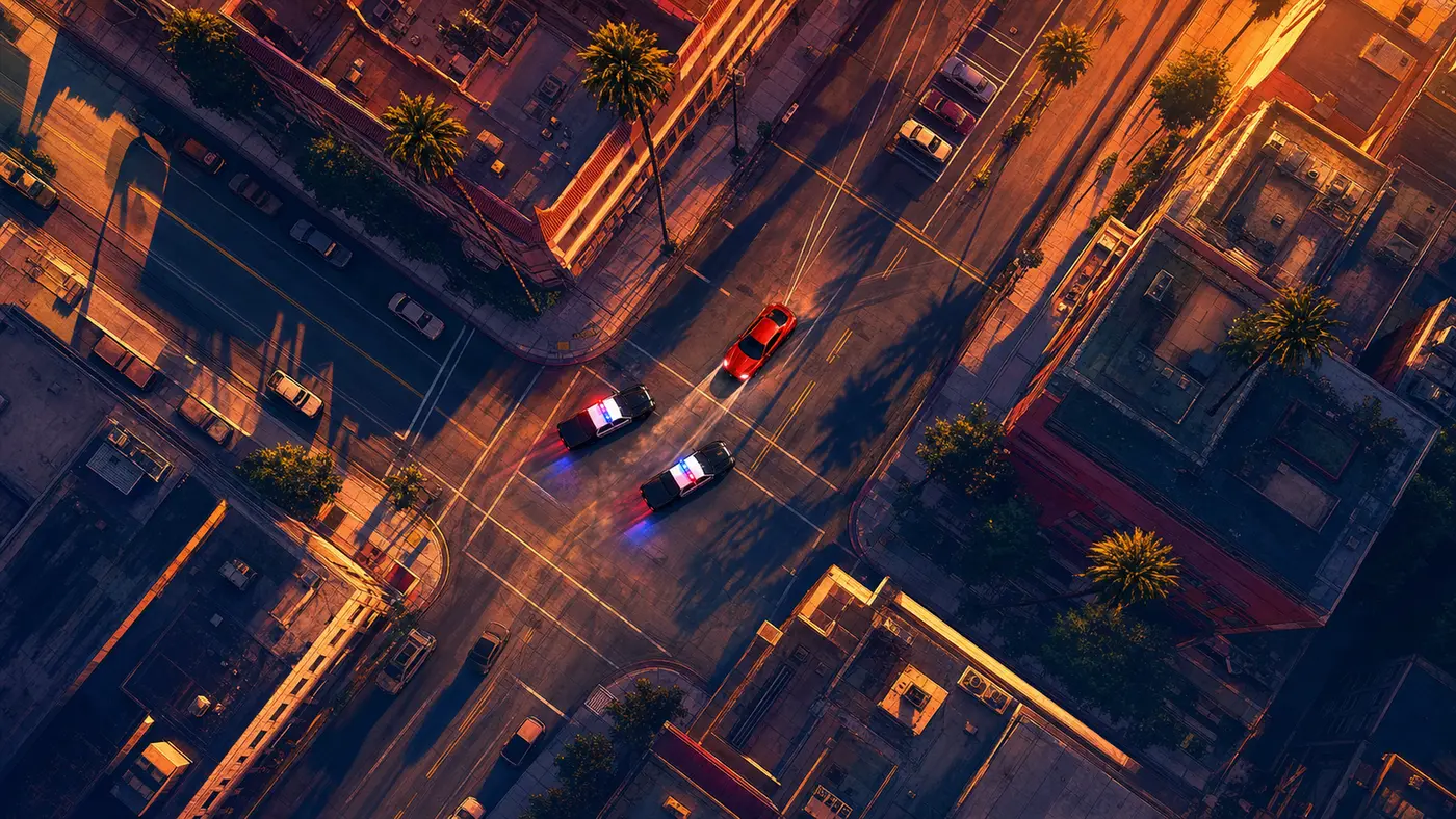 Cinematic top-down illustration of a 1990s American city at sunset, a grid of streets, tiny cars, and a stolen sedan fleeing two police cars, in an orange-tinted palette styled like a GTA box art