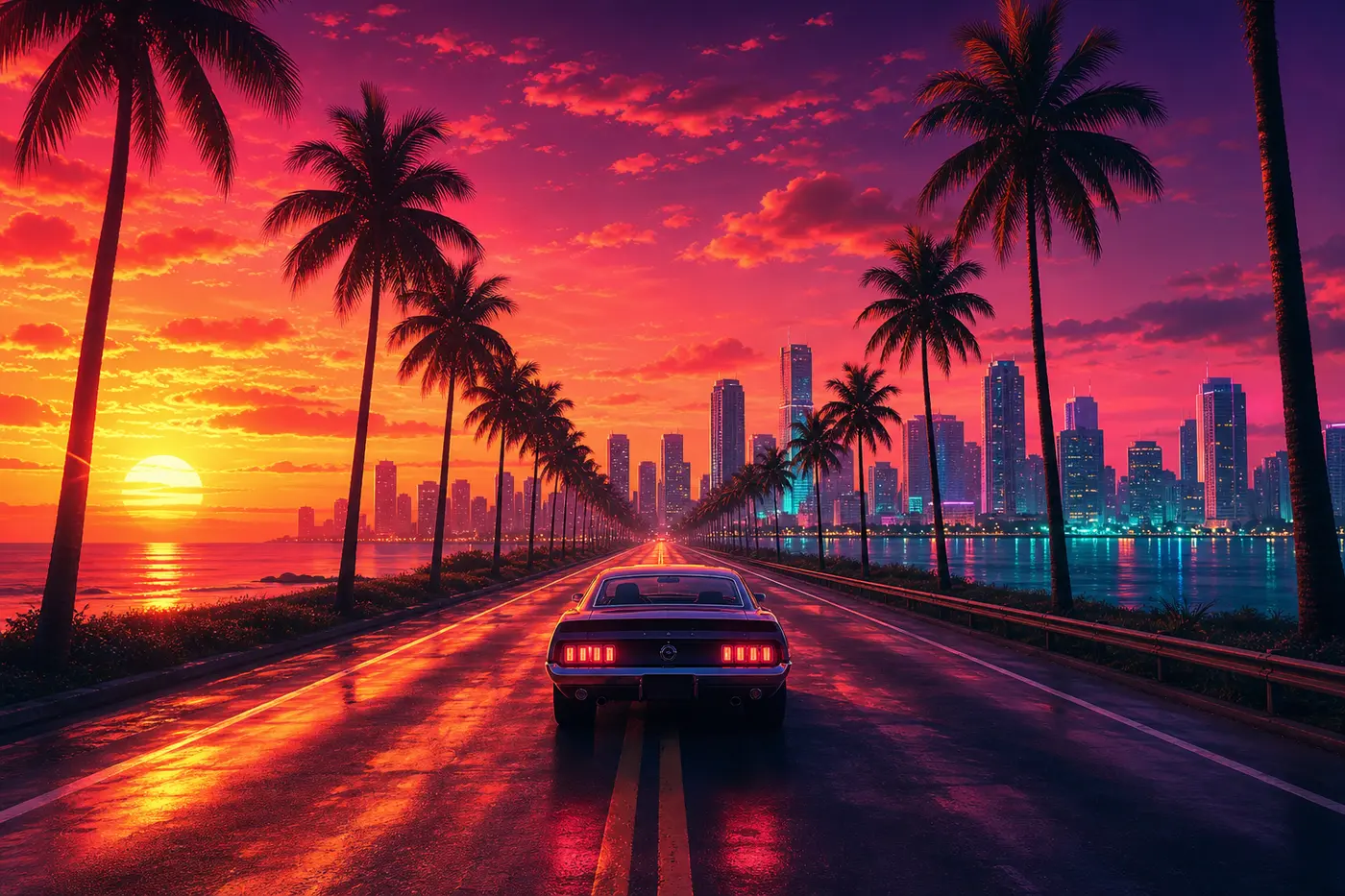 GTA poster-style illustration: a muscle car cruises down a coastal road at sunset toward a neon skyline, palm trees on either side, magenta and orange sky