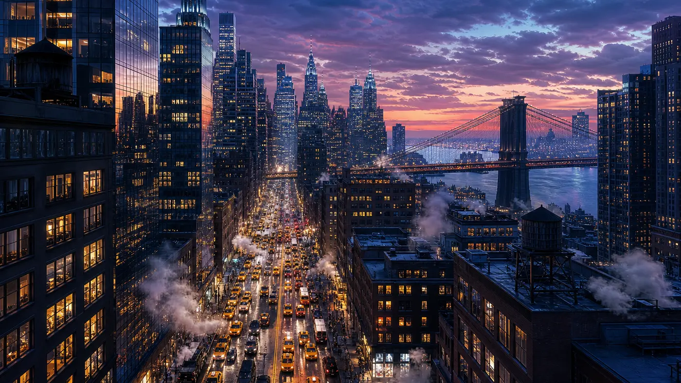 GTA key-art style illustration of a dense skyline of skyscrapers inspired by Manhattan at dusk, yellow cabs on an avenue, a suspension bridge over the water in the background, cold light
