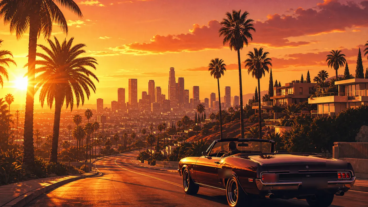 GTA key-art style illustration of a palm-lined boulevard sloping down toward a downtown skyline inspired by Los Angeles at sunset, hillside villas, a classic convertible on the road, golden light