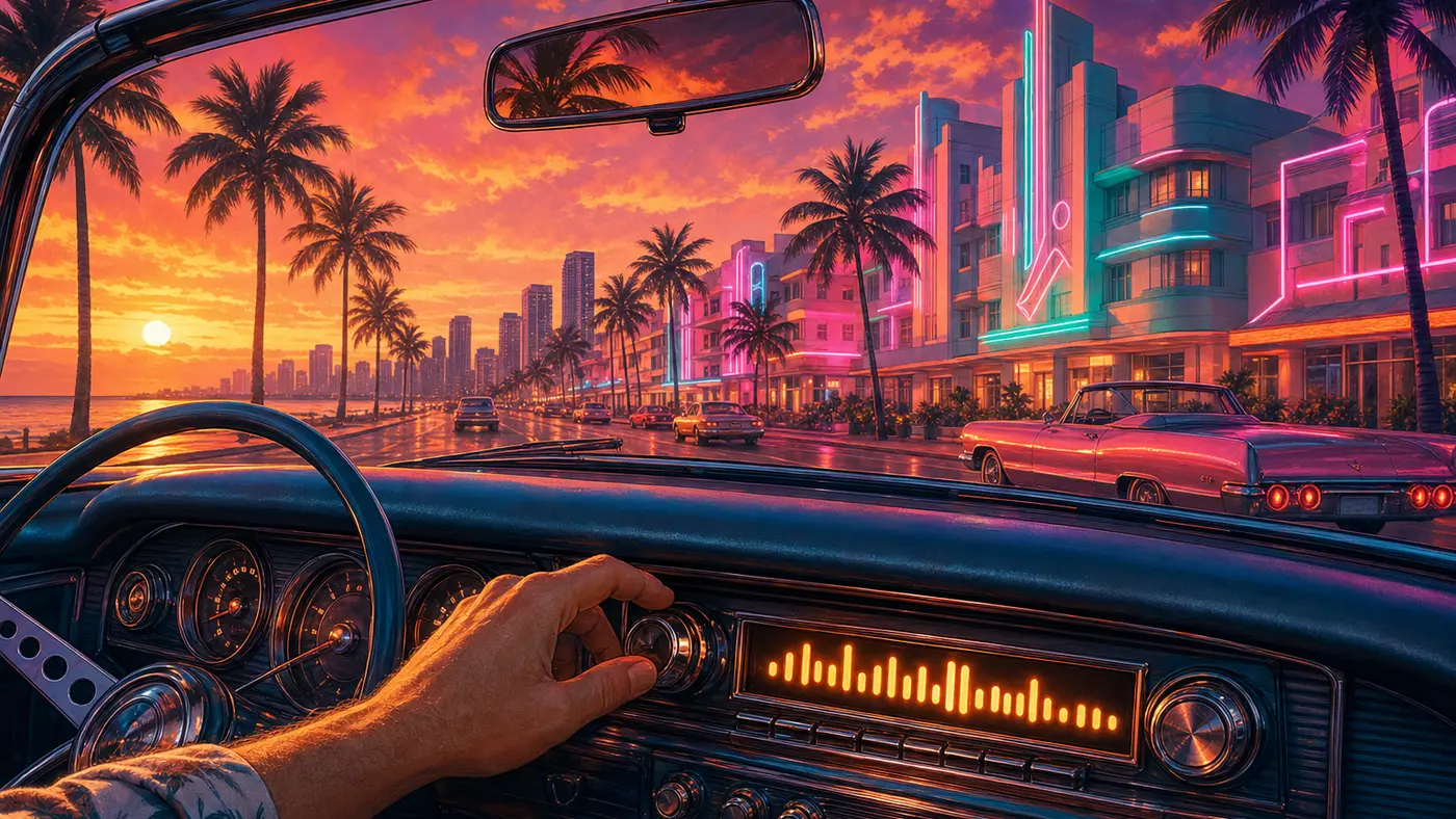 Cinematic GTA box-art style illustration: a vintage car radio with chrome knobs on the dashboard of a classic car, Vice City palm trees and neon glowing at sunset behind the windshield