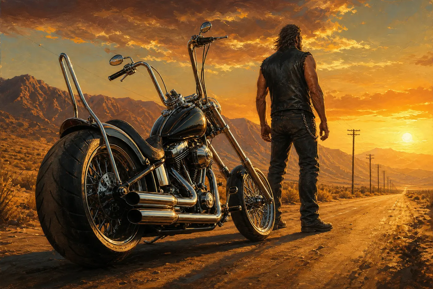 GTA cover-style illustration of a chromed American chopper, long forks and high bars, Harley-Davidson style, parked at the edge of a desert road at sunset, telephone poles and mountains in the distance, a rider in a leather vest, Blaine County vibe