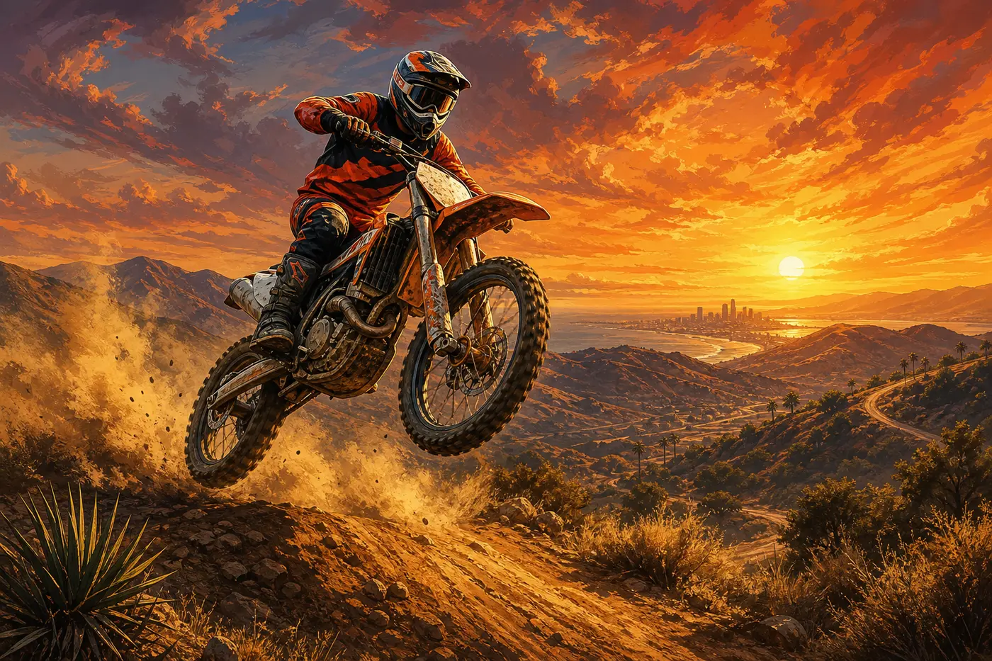 GTA cover-style illustration of a rider on a motocross bike mid-jump over a dirt mound in an arid countryside setting, cloud of dust, golden late-day light, San Andreas backcountry vibe