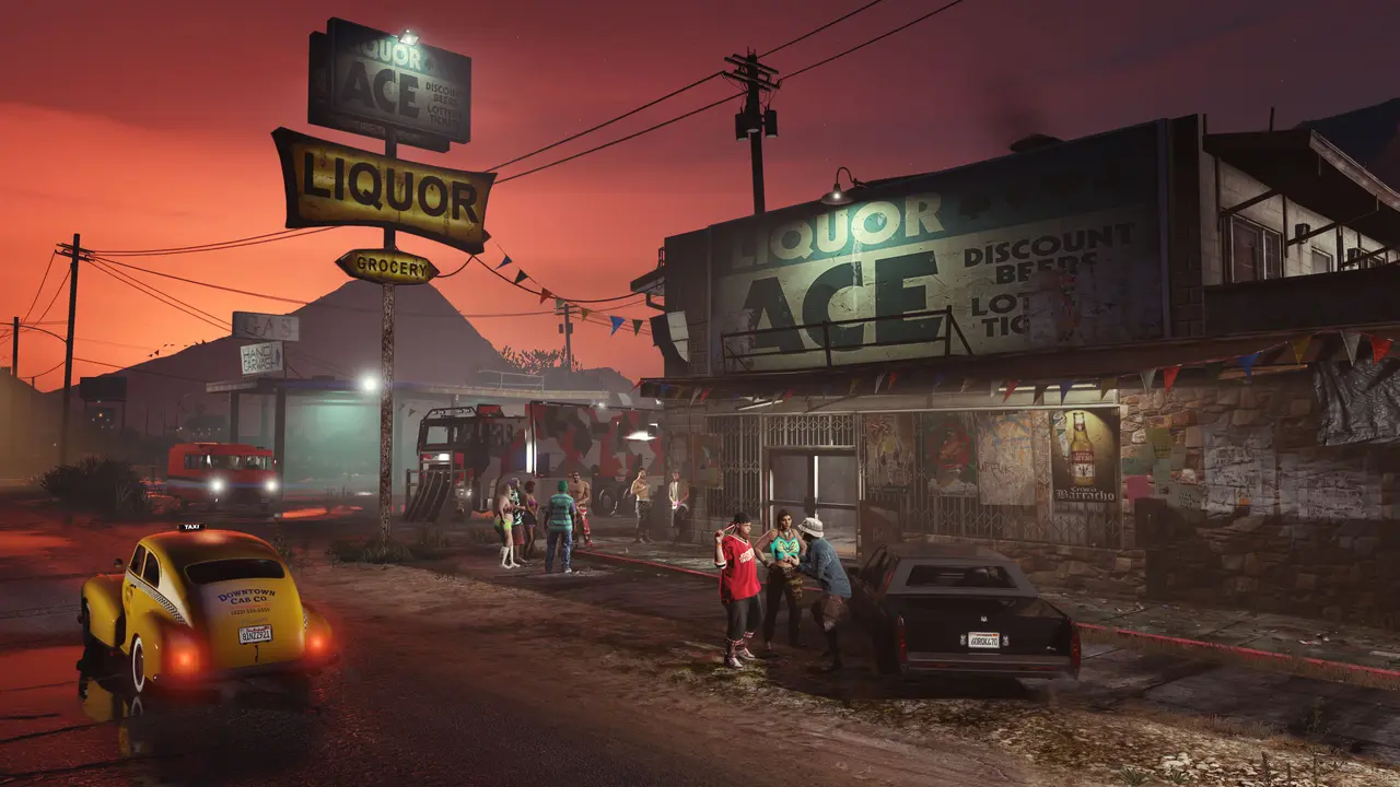 A county road in GTA Online at red sunset, in front of a Liquor Ace store, with Fooligans members gathered and the camo Brickade 6x6 truck parked behind, a yellow taxi in the foreground