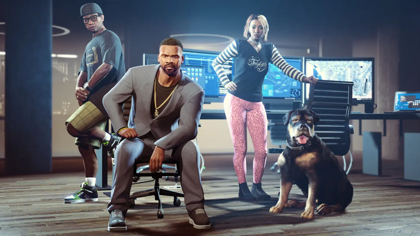 Official GTA Online screenshot: the Agency office from The Contract, Franklin Clinton in a suit seated in front of a wall of surveillance screens, flanked by Lamar Davis, a female associate, and Chop the dog