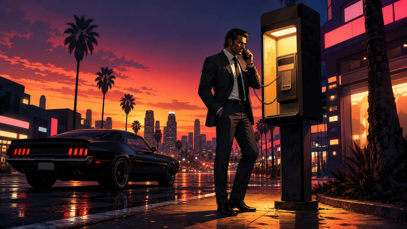 A man in a dark suit picks up a lit payphone on a Los Santos street corner at dusk, a black muscle car parked at the curb, palm trees and an orange skyline in the background, wet pavement reflecting the neon, GTA-style illustration