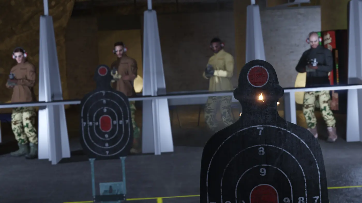 Indoor shooting range in a GTA Online bunker with silhouette targets and characters in camouflage gear training
