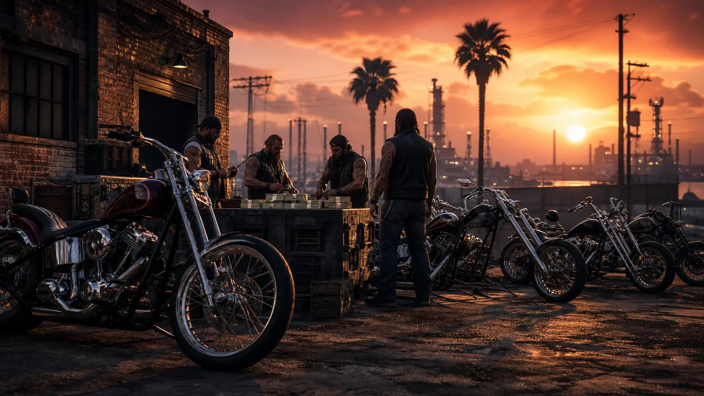 A biker gang in leather vests counts stacks of cash on a crate outside their brick clubhouse in Los Santos, a row of chromed choppers parked in the orange sunset with industrial refineries on the horizon
