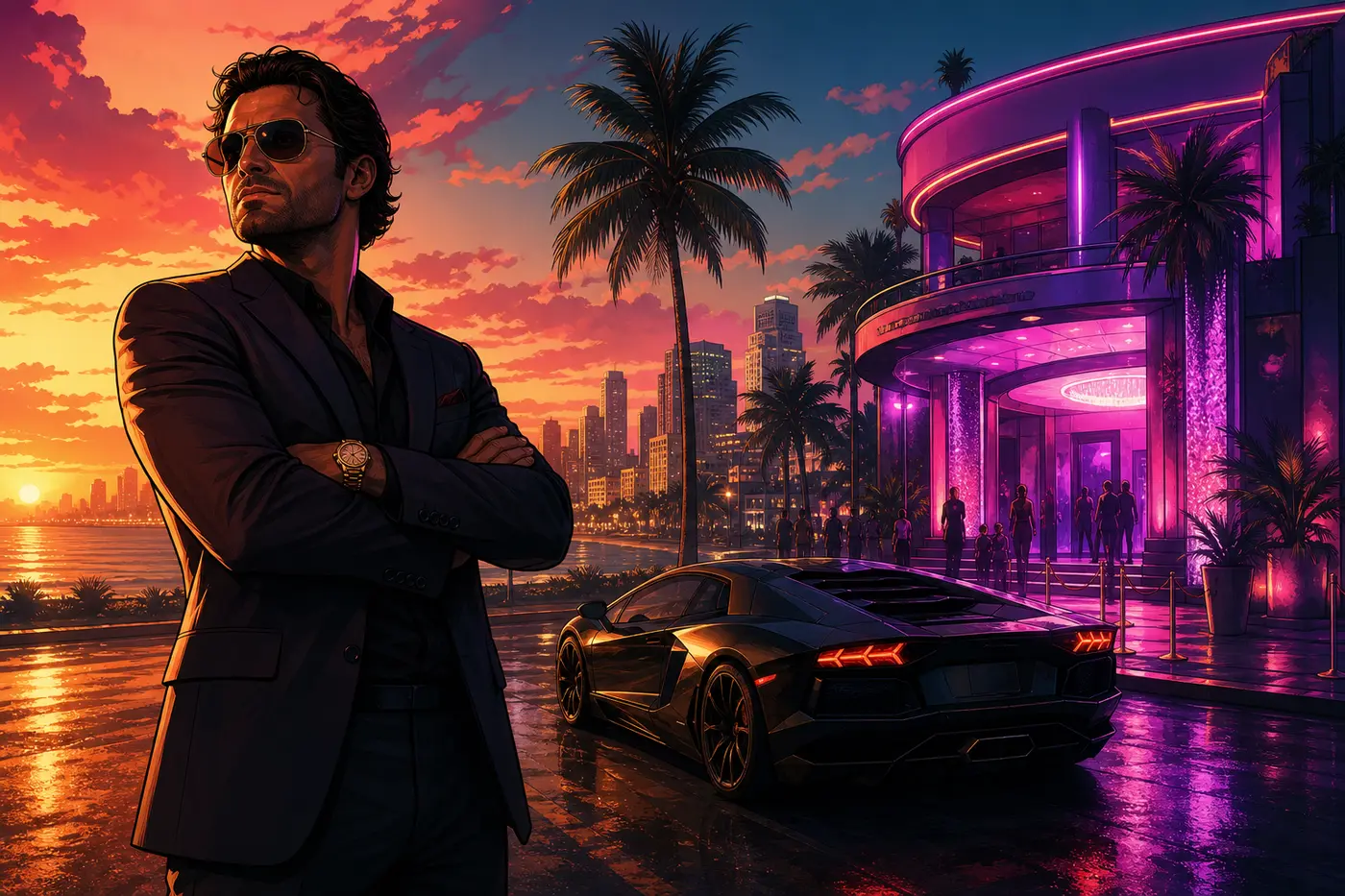 GTA box-art-style illustration: a character in a dark suit standing in front of a nightclub lit with pink neon and a parked supercar, at sunset in Los Santos, choosing his criminal empire