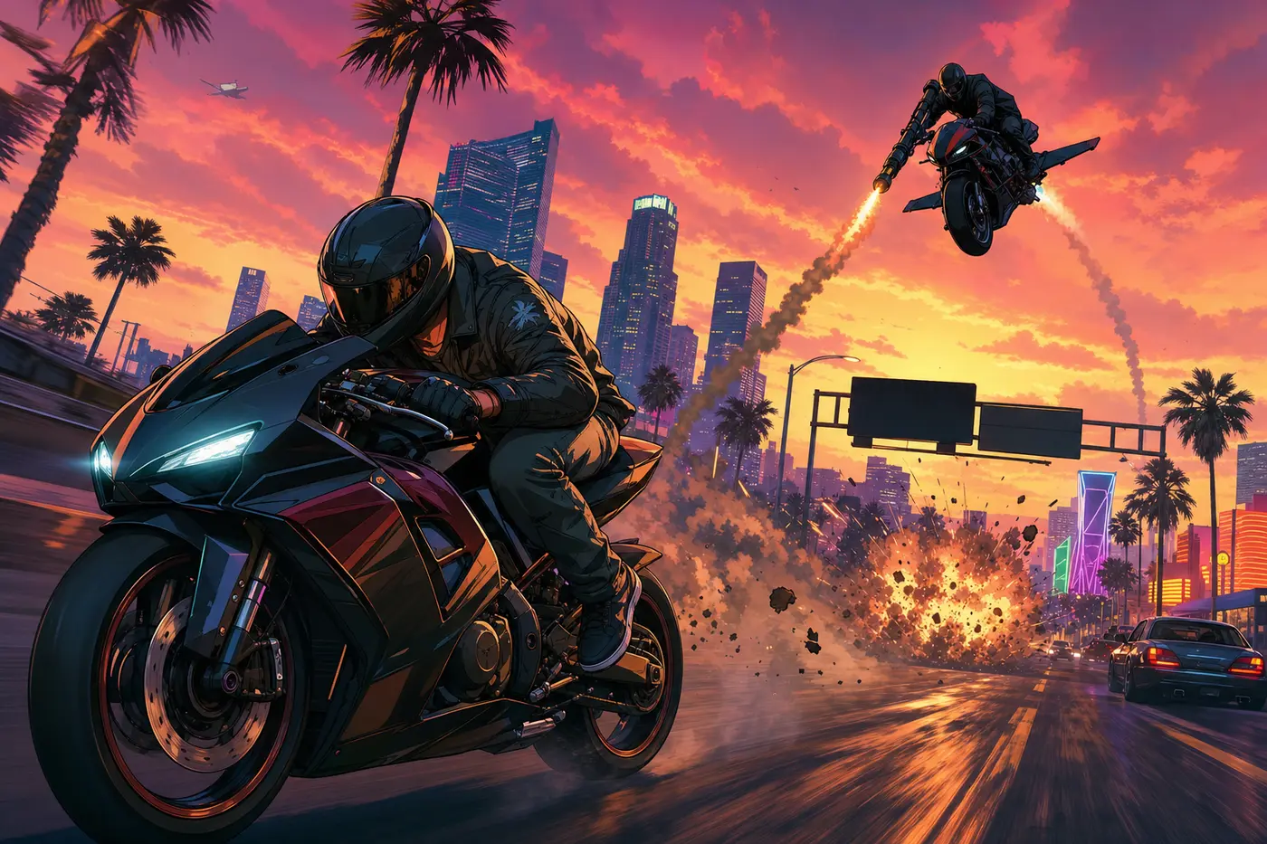 GTA box-art-style illustration: a player fleeing on a sport bike down a Los Santos street at dusk, while a menacing figure on a rocket-firing flying bike hovers above, explosions and palm trees in the background
