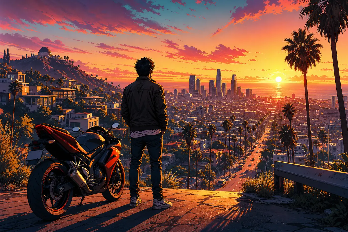GTA box-art-style illustration: a young character seen from behind on a clifftop at sunset, overlooking the Los Santos skyline with its Vinewood hills, skyscrapers and palm trees, a stock motorcycle parked beside him