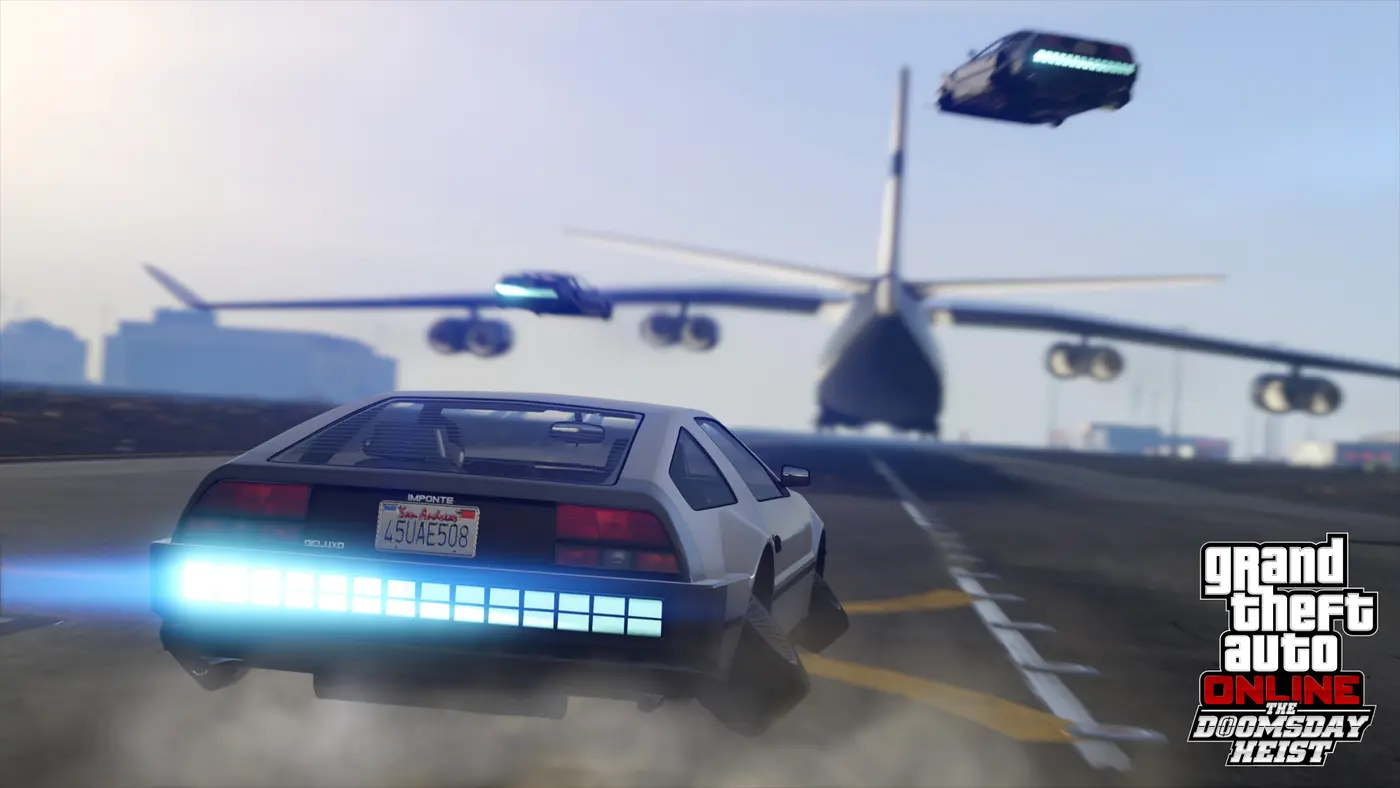 The Imponte Deluxo, a gray sports coupe inspired by the DeLorean, on an airport runway, blue thrusters lit, while a second Deluxo flies above the runway