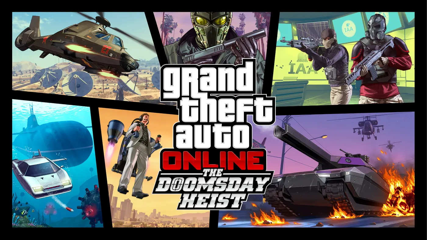 Official The Doomsday Heist artwork bringing together several GTA Online weaponized vehicles: a tank in flames, a white submarine car firing a torpedo, an attack helicopter and a character in a jetpack