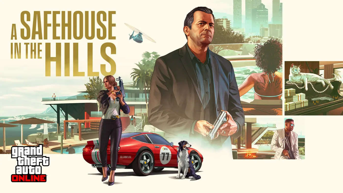 Official key art for GTA Online: A Safehouse in the Hills, showing Michael De Santa in the center, a woman holding a gold rifle, a red racing sports car, a dog, and mansions with pools in the Los Santos hills