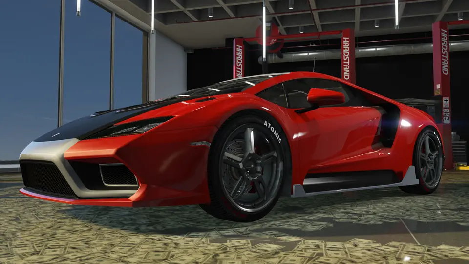 A red and black supercar parked in a garage with lifts in the background, banknotes covering the floor around its wheels