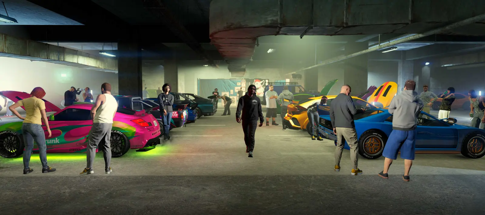 Players in streetwear walking between rows of tuned cars with underglow in a dim underground parking garage